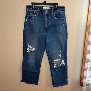 ABERCROMBIE The Ankle Straight Ultra High Rise Distressed Dark Wash 8 X-Short